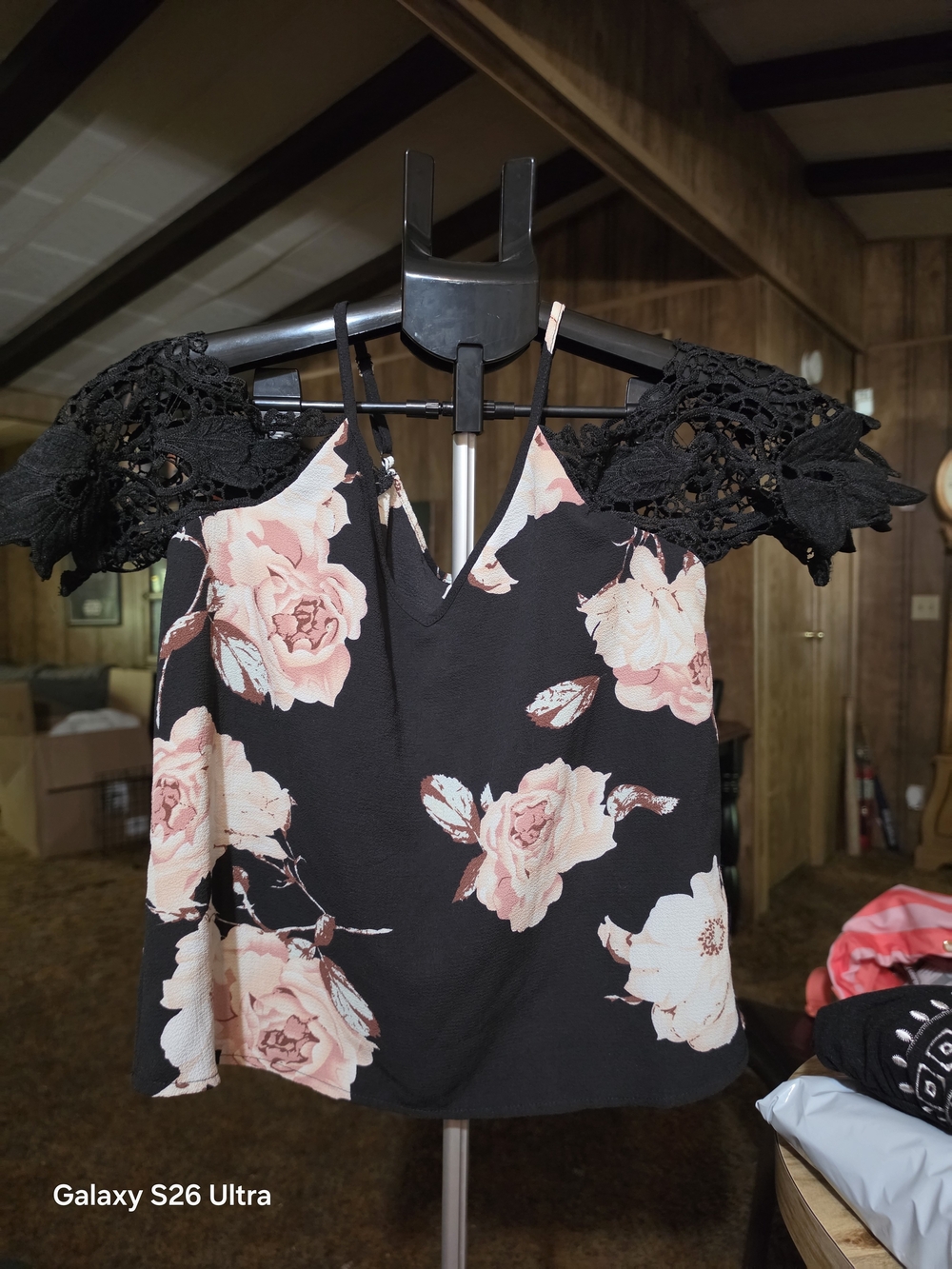 SHEIN Black Cold-Shoulder V-Neck Camisole with Pink Floral Print